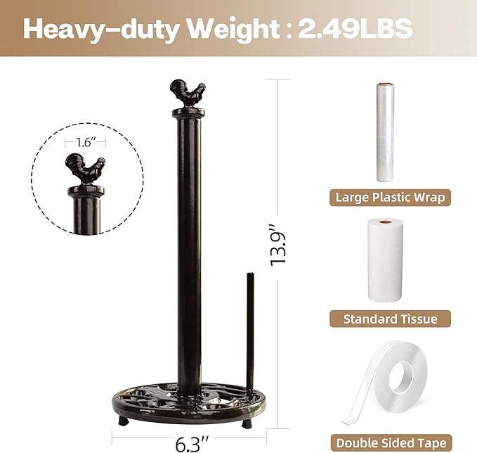 Vintage Rooster Paper Towel Holder - Easy One Handed Tear Cast Iron Roll Paper Towel Dispenser Countertop, Coffee Gold