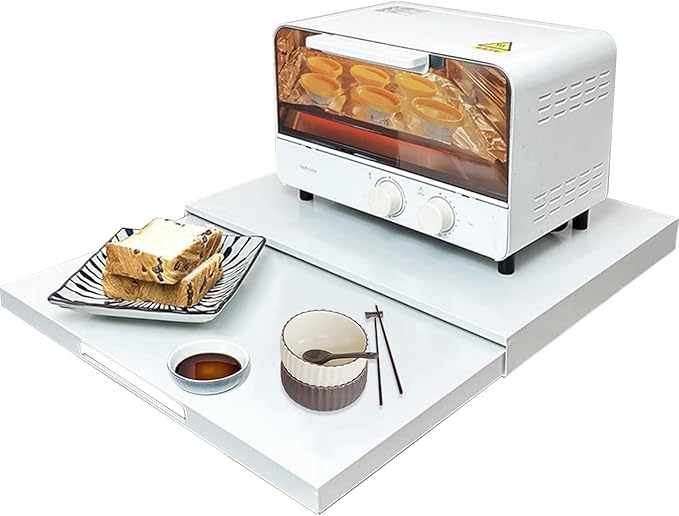 Microwave Countertop Stand, Carbon Steel Pull-Out Retractable Organizer for Microwaves, Coffee Station & Kitchen Appliance Storage Extendable Shelf, White
