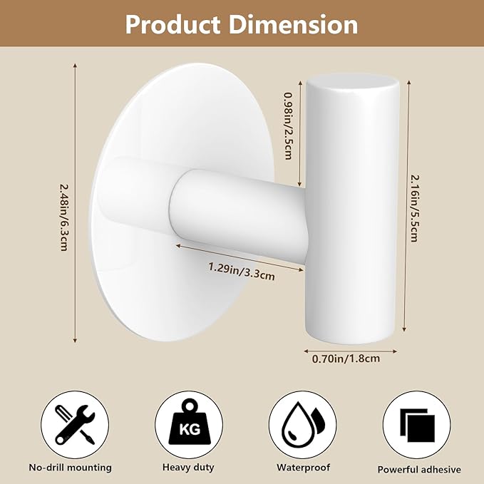VINHOLD Heavy Duty White Towel Hooks, Stainless Steel Adhesive Coat Hooks for Bags, Towels, Robes, Hats, Aprons – No Drill Bathroom, Kitchen, Hotel Wall Hooks (2 Pack)