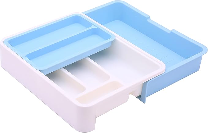 HornTide 3-in-1 Cutlery Tray, Expandable Utensils Holder, Plastic Kitchen Drawer Organizer for Silverware Storage and More - Blue