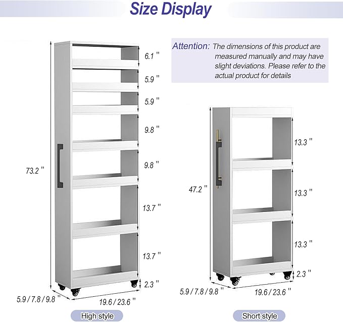 7-Tier Slim Storage Cart, Wooden Rolling Pantry Cabinet with Wheels, Narrow Shelf Organizer for Kitchen, Bakers Rack, Dining Room, Closet, Small Spaces Light Walnut 73.2''H*9.8''W*19.6''D