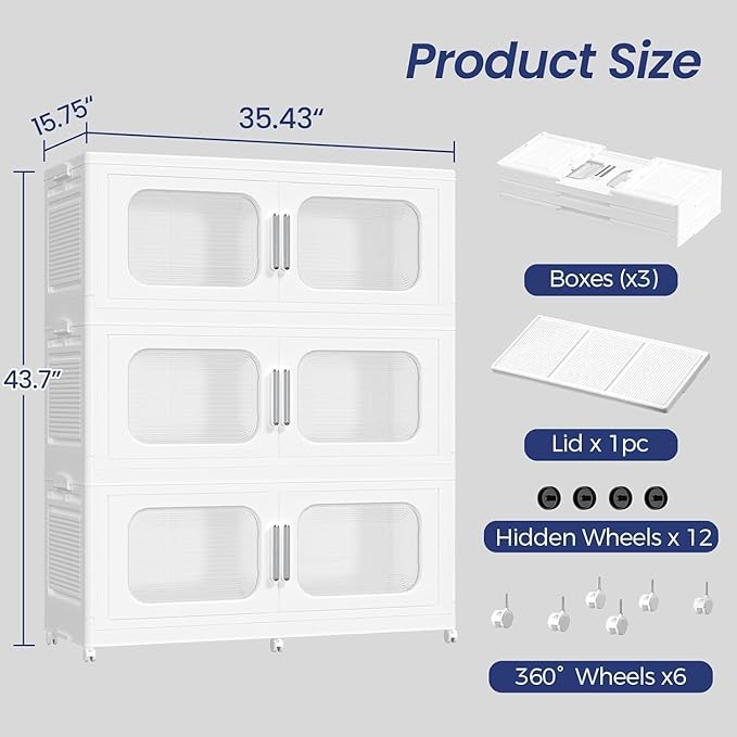 KuyiGame 150Gal Exra Large Stackable Storage Bins with Lid, 600QT Collapsible Storage Box with 6x Wheels, Folding Plastic Cabinet Container with Door Drawer for Home Kitchen Office Dorm, 3Pack White
