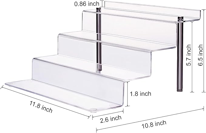 Acrylic Riser Shelf 4 Tier Clear Display Stand for Collectibles Pop Figures, Cupcakes, Perfumes, Display Risers for Decorating & Organizing - 11.8 x 10.8 x 6.5 in (Large, 1 Pack)