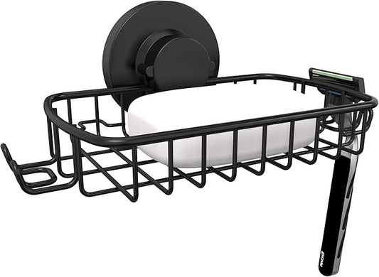Soap Dish for Shower Suction Cup Powerful Vacuum System Rustproof 304 Stainless Steel Basket Sponges Holder with Razor Hooks for Bathroom or Kitchen Soap Holder (Black)