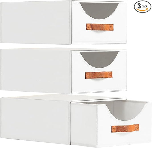 Large Stackable Storage Bins - Fabric Pull-out Closet Shelf Organizer, Linen Closet Organizers and Storage, Decorative Storage Boxes for Bedroom, Office, Dorm, 3 Pack, White