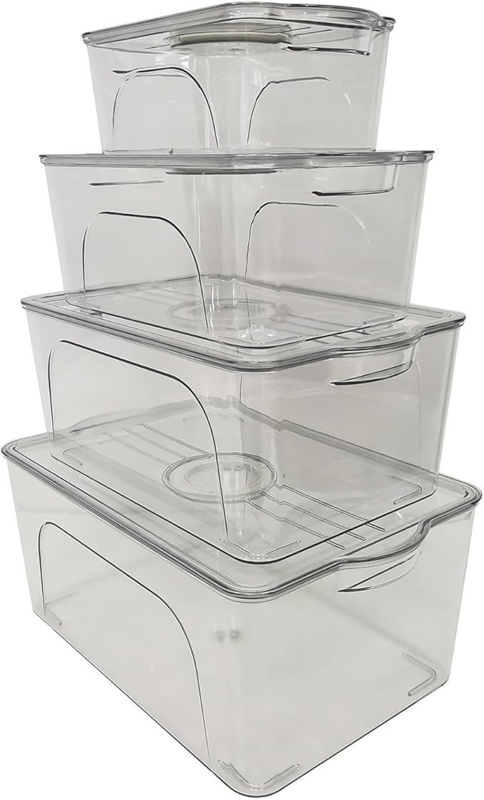 Food Storage Containers with Lids - Clear Plastic Stackable Storage Bins with Date Recorder for Fridge, Freezer, Kitchen Cabinet, Pantry Organization (Set of 3)