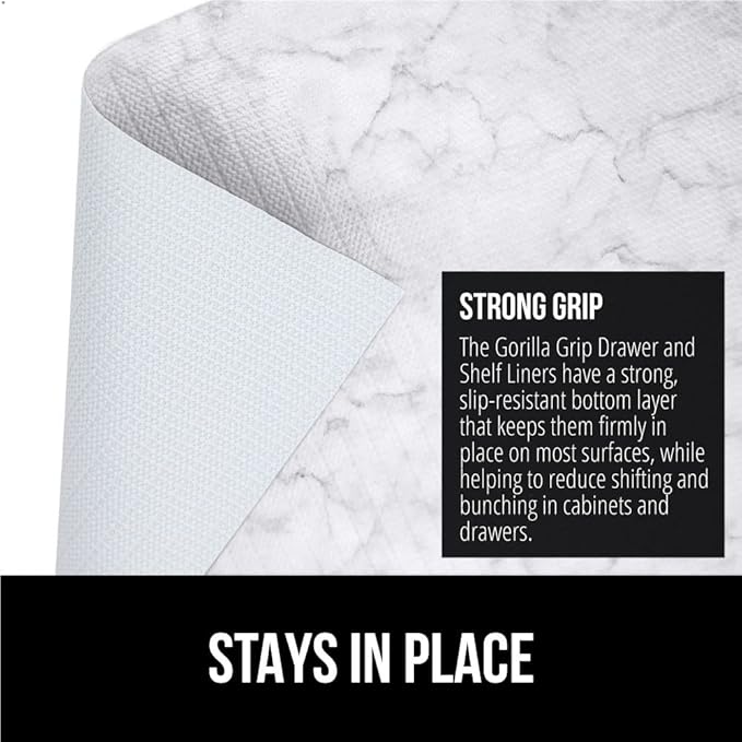 GORILLA GRIP DripGuard Shelf Liner, Non Adhesive Drawer and Kitchen Cabinet Protector, Slip Resistant BPA Free Smooth Surface Plastic Liners for Cabinets, Bathrooms, Closets, 12x120 Inch, Marble