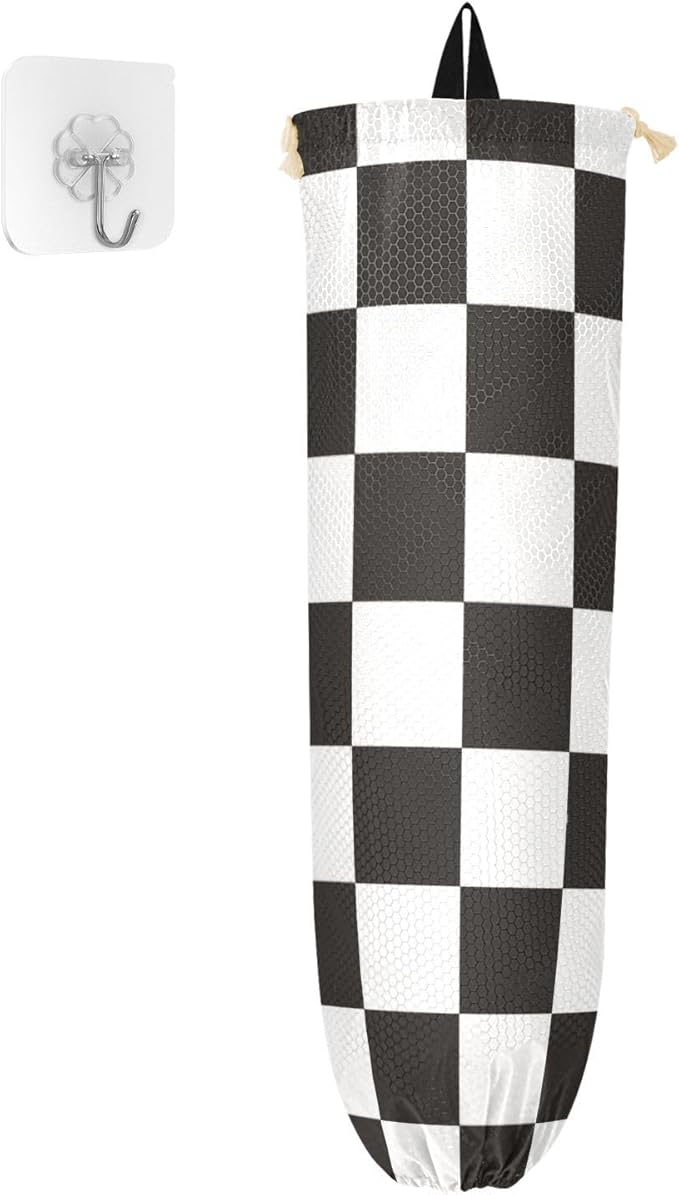 Plastic Bag Holder Wall Mount Grocery Bag Shopping Bag Storage Holder Organizer Dispenser with Adhesive Hook,for Kitchen Bathroom Home Decor 9x22 Inches Checkered Black and White02