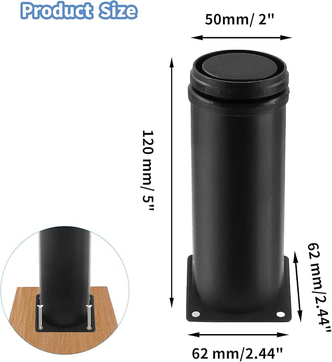 Set of 4 Stainless Steel Furniture Legs 5 Inch, Adjustable Round Cabinet Legs 2" Dia Kitchen Feet, Metal Replacement Legs for Cabinet Sofa Couch Shelves Table (Black)