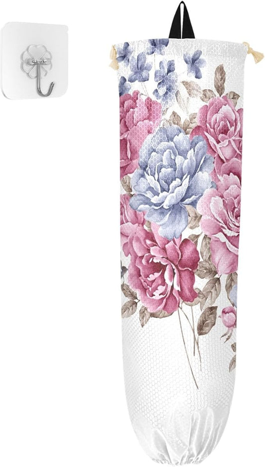 Plastic Bag Holder Wall Mount Grocery Bag Shopping Bag Storage Holder Organizer Dispenser with Adhesive Hook,for Kitchen Bathroom Home Decor 9x22 Inches Flower Red43