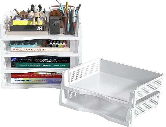 6 Tier Plastic Office Paper Organizer Trays, Stackable Desk Tray for Letter Documents, White