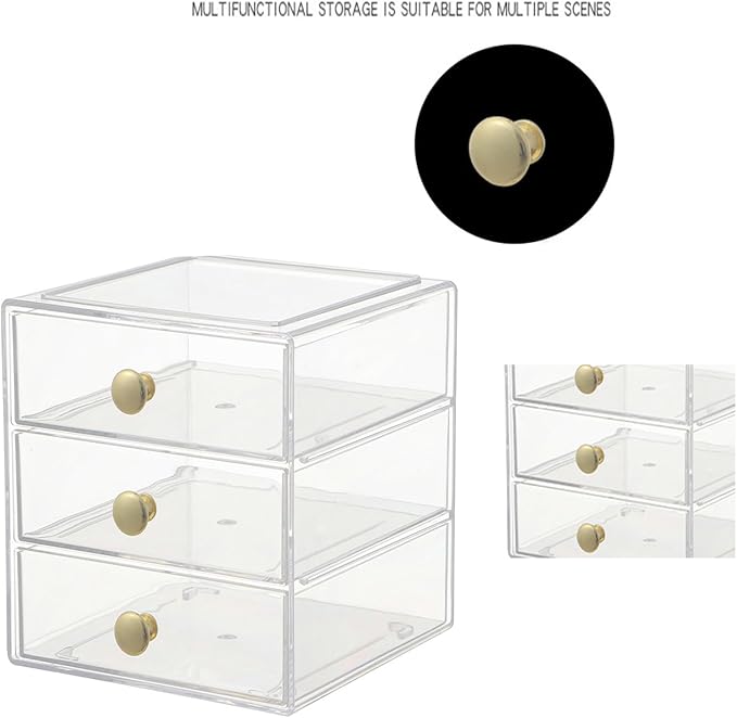 Makeup Drawer Organizer Box with 3 Drawers, Acrylic Cosmetic Display Case Vanity Organizer Jewelry Storage Box Stackable Storage for Cosmetics, Skin Care, Bathroom, Countertop, Gold Handle