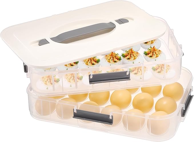 BTSKY Deviled Egg Platter with Lid, 2-Layer 36 Slots Deviled Eggs Carrier, Clear Portable Eggs Holder for Fridge Reusable Deviled Egg Tray Carton Box for Easter and Party Favor (2-Layer, White)