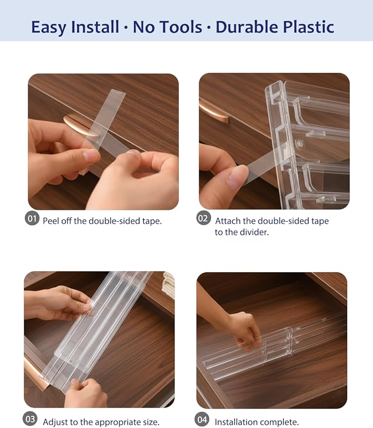 5 Pack Clear Drawer Dividers with Adhesive Pads - Adjustable Crystal Transparent Organizer for Clothes, Kitchen, Bathroom & Makeup - 3 Inch High Expandable Separators for Shallow Drawers
