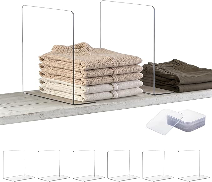 Upgraded and Thickened Closet Shelf Organizers and Storage Purse Organizer for Closet 6-Pack Clear Acrylic Shelf Dividers for Clutches Clothes Towel Adjustable Space