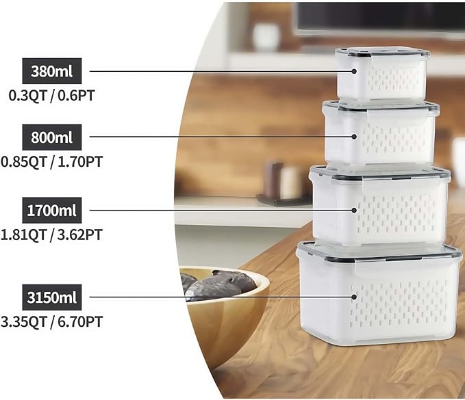 Havnddel 4 Pack Food Storage Containers with Lids – Refrigerator Organizer with Removable Colander & Drain Basket, Airtight Produce Saver for Fruits & Vegetables