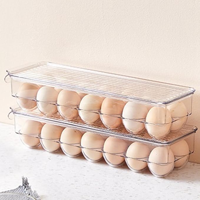 TKOWTB Clear Plastic Egg Holder - 14 Egg Tray Holder - Free Fridge Organizer with Lid, Refrigerator Storage Container 37 X 11cm