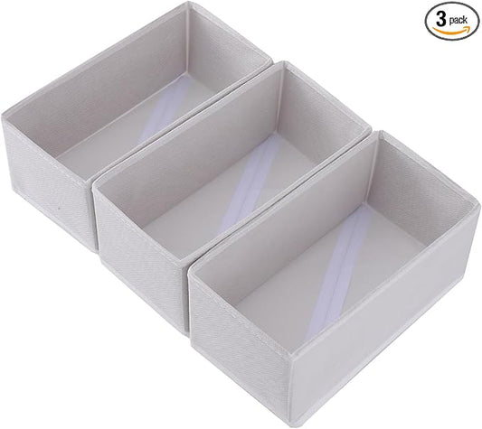 Sock Drawer Organizer 3 Pack - Collapsible Fabric Storage Bins for Underwear Divider, Small Closet Organizers with 3 Compartments, Raw White