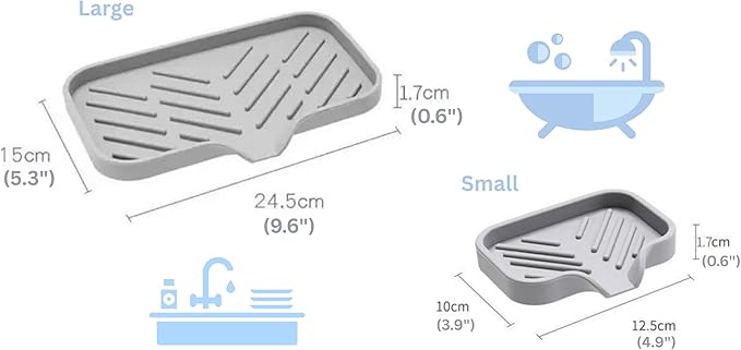 Silicone Soap Tray, Soap Dishes with Drain Spout, Bathroom and Kitchen Sink Organizer, Sponge Holder, Perfect for Dispenser, Scrubber, Bottle, Cup on Sink or Counter - Large and Small Set (Gray)