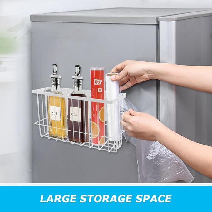 Magnetic Metal Basket Organizer for Fridge & Locker, Storage Basket for Foil/Plastic Wrap/Spice/Dryer Ball, Space-Saving Kitchen & Laundry Solution (White, S)