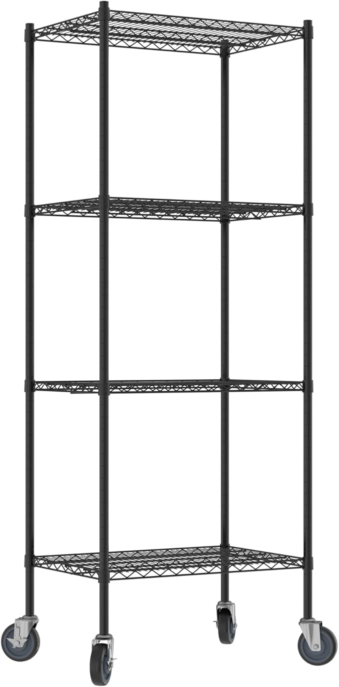Commercial NSF Listed Black Epoxy Mobile Wire Shelving Kit 21" x 30" x 80", with 4 Shelves Perfect for Warehouse, Walk-in Refrigerator, Freezer, Grocery Store, Restaurant, Dishroom