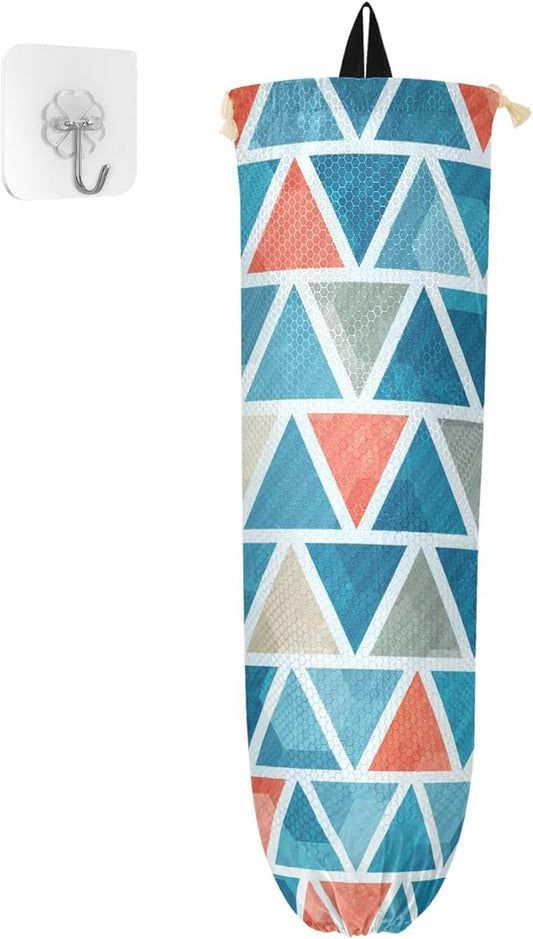 Plastic Bag Holder Wall Mount Grocery Bag Shopping Bag Storage Holder Organizer Dispenser with Adhesive Hook,for Kitchen Bathroom Home Decor 9x22inches Colored Triangles