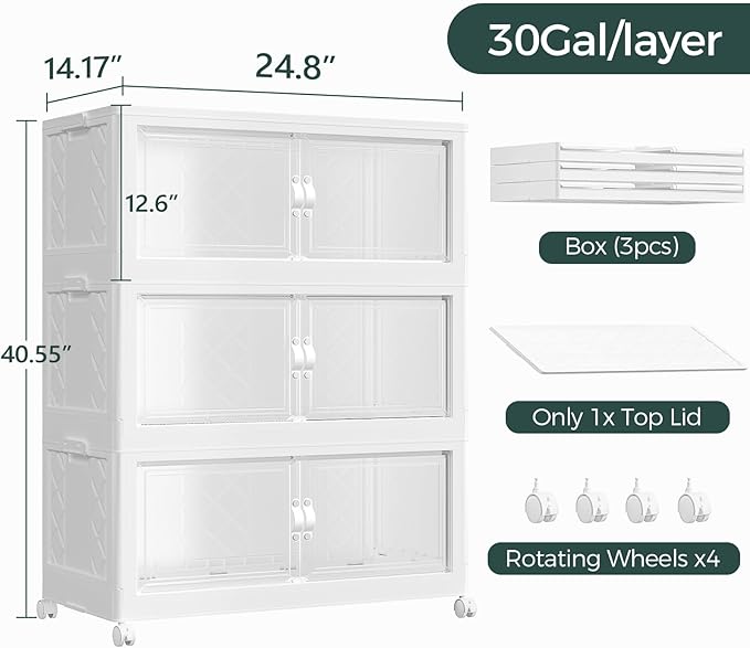 Atrasee 360QT Extra Large Stackable Storage Bins with Lid, 90Gal Collapsible Closet Organizer Box with Wheels, Folding Plastic Storage Cabinet with Doors for Home Bedroom Office Dorm, 3Pack White