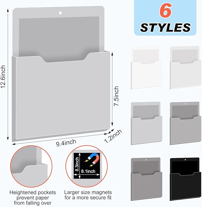 Fuutreo 6 Pcs Magnetic Wall File Organizer Magnetic Wall File Holder Refrigerator Magazine Holder for Mail Letters Paper(Achromatic Colors,12.2 x 9.4 Inch)