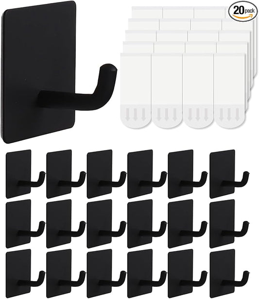 20 Pcs Towel Hooks with Removable Strips for Hanging, Adhesive Wall Heavy Duty, Outdoor No Damage, Sticky Hook for Bathrooms, Shower, Stockings, Decor, Robe, Small, Black 304 Stainless Steel