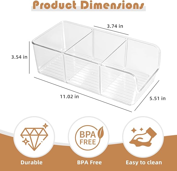 4 Pack Chip Bag Organizer for Pantry, 3-Compartment Chip Storage Containers with Detachable Dividers, Pantry Organizers and Storage for Chip and Snacks, Snack Organizer for Pantry, Fridge, and Cabinet
