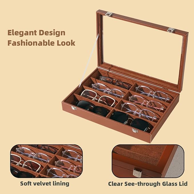 Glasses Holder Box Drawer Sunglass Organizer for Men Clear Wide Storage Case 8 Slots Multiple Reading Glasses Display, Brown Leather With Clear Glass Lid