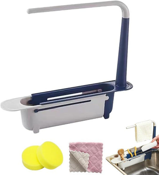 Updated Telescopic Sink Storage Rack, Dish Drying Rack over the Sink, Expandable Slim Drain Basket, Multifunctional Caddy Adjustable Kitchen Sponge Holder, for Counter Space Bathroom (1 PCS-Blue)