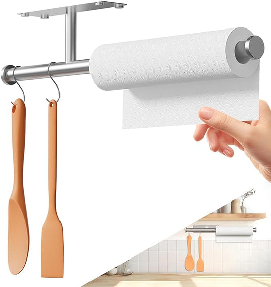 Dual-Purpose Under Cabinet Paper Towel Holder, Kitchen Towel Holder, Hat Rack, Self Adhesive Paper Towel Holder Wall Mount with Screw, Bathroom RV Garage Kitchen Organization Accessories (Silver)