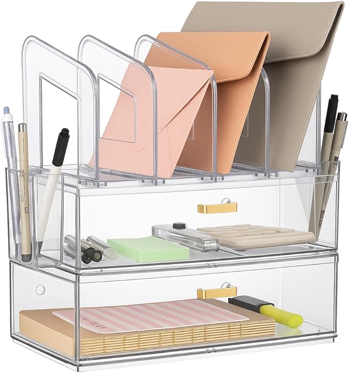 Acrylic Desk Organizer with Drawer, Office Supplies,Organization Storage, 2 PC Drawer Organizer with 4 File Sorter, Desk Organizers and Accessories, Clear Acrylic File Organizer