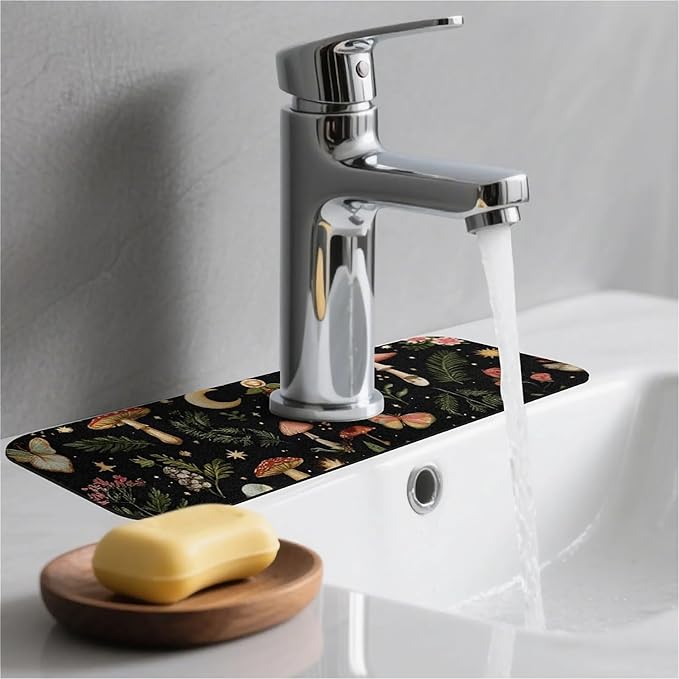 Kitchen Sink Splash Guard，Mushrooms, stars,moon Faucet Mat Sink Gadgets-Super Absorbent Fast Drying Mat Drip Catcher for Kitchen, Bathroom,Sink Mat, Dish Drying Mat, Bathroom(15" X 5.5" )