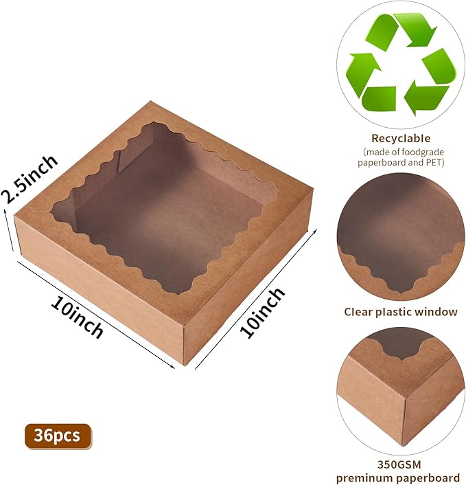 36 pcs 10x10x2.5 Inches Cake Box with Window, Bakery Pastry Cookie Boxes, Mini Pie for Pastry,Dessert,Strawberries,Chocolates (Brown, 10x10x2.5 Inch/36pcs)