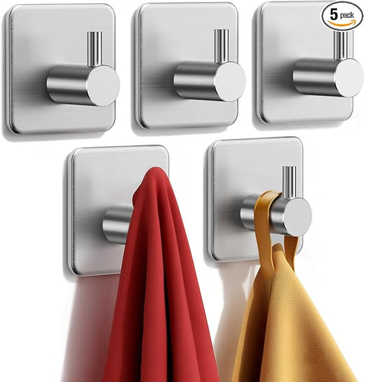 Adhesive Hooks Heavy Duty 30lb(Max) Wall Hooks, 5 Pack Damage Free Stainless Steel Hanger for Hanging Coat, Hat, Towel Robe, Waterproof Oilproof Rustproof Hook for Bathroom Shower Kitchen Office