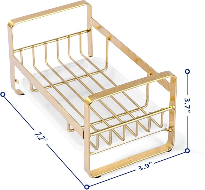HULISEN Kitchen Sink Sponge Holder, 304 Stainless Steel Kitchen Soap Dispenser Organizer, Countertop Drainer with Removable Tray, not Including Dispenser and Brush, Gold