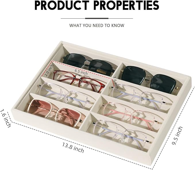 Glasses Holder Box Drawer Sunglass Organizer for Men Clear Wide Storage Case 8 Slots Multiple Reading Glasses Display, Beige Velvet