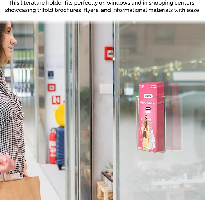 4 Pack Suction Cup Trifold Brochure Holder for 4" Rack Cards Maps and Printed Literature Glass Walls or Window Mounting in Auto Shops Retail Shops or Big Box Stores by Marketing Holders