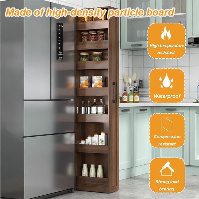 7 Tier Slim Storage Cart, Rolling Spice Rack Next to Fridge Slim, Narrow Storage Cabinet, Wood Storage Organizer with Handle Wheels for Kitchen, Dining Room (7 Tier - Walnut)