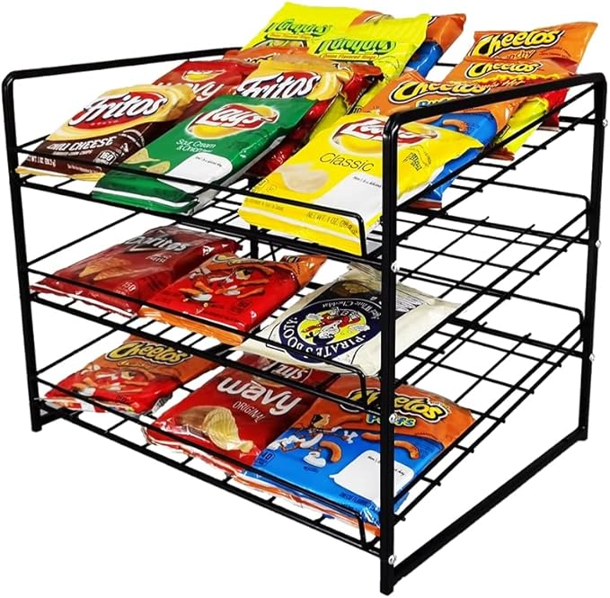 FixtureDisplays® Stackable Can Rack Organizer, Stackable Potato Chip Bag Storage Dispenser for Kitchen Cabinet or Pantry, Black 17.35" Wide x 12.8" Deep x 14" Tall 10145-NPF