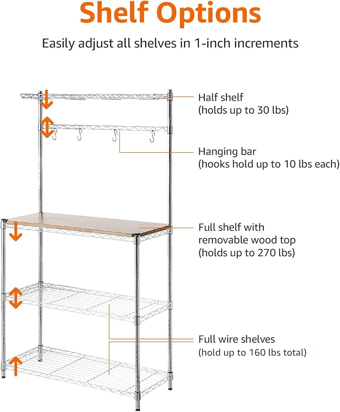 Amazon Basics 3 Tier Kitchen Bakers Rack with Storage, Removeable Top, Wood/Chrome, 14" D x 35.83" W x 63.31" H