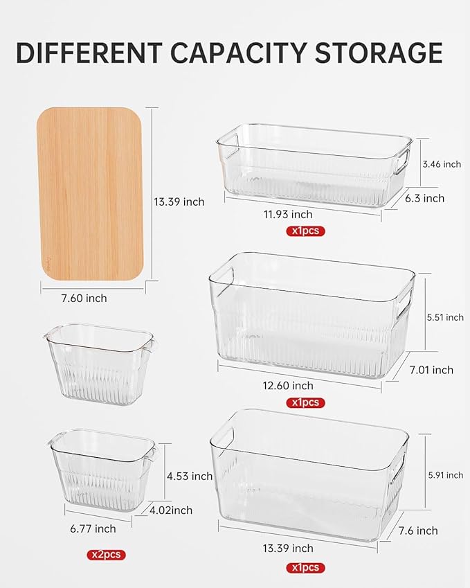 5 Pack PET Fridge Storage Bins with Bamboo Cutting Board | BPA Free Plastic Containers with Handles for Fridge and Freezer Organization