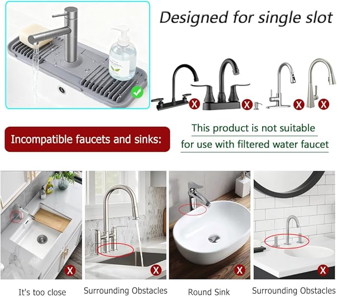 DK-SIMINA Silicone Faucet Mat Silicone Faucet Drip Catcher with Cuttable Circular Central for Kitchen Sink, Tailor-Made for Faucets with Deck Plate【Light Grey】