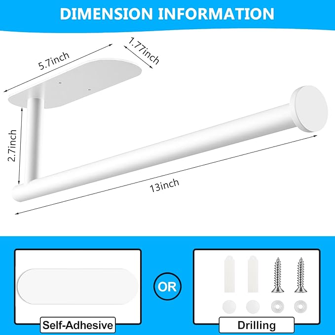 White Paper Towel Holder - Self Adhesive or Drilling, Under Cabinet Paper Towel Holder for Kitchen, Adhesive Paper Towel Roll Rack for Bathroom Towel, SUS304 Stainless Steel