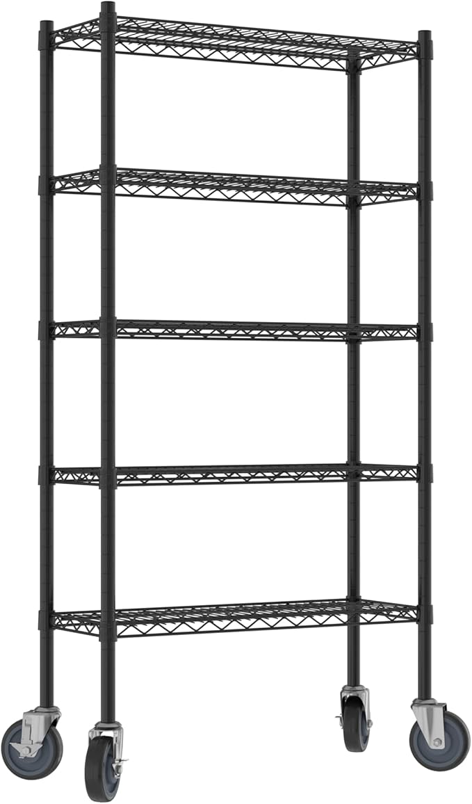 Commercial NSF Listed Black Epoxy Mobile Wire Shelving Kit 12" x 30" x 60", with 5 Shelves Perfect for Warehouse, Walk-in Refrigerator, Freezer, Grocery Store, Restaurant, Dishroom