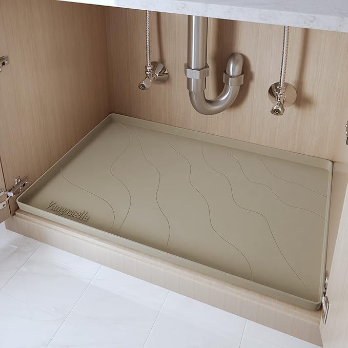 Vangostella Heavy Duty Silicone Under Sink Mat for Kitchen&Bathroom 25" x 19", Waterproof Under Sink Rubber Mat Drip Tray, Raised Edge Under Sink Liner,Prevent Drips, Leaks, Spills,Brown