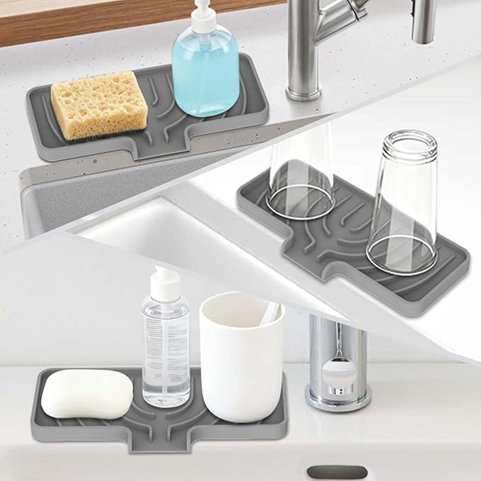 GUUKIN Sponge Holder for Kitchen Sink, 9.8"×4.9" Silicone Sponge Holder, Soap Tray with Drain, Dish Soap Mat for Shower Bathroom, Perfect for Dispenser,Scrubber,Bottle,Cup on Sink or Counter (Grey)