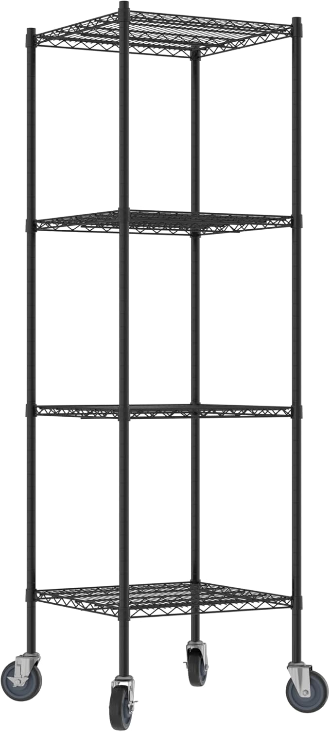 Commercial NSF Listed Black Epoxy Mobile Wire Shelving Kit 24" x 24" x 80", with 4 Shelves Perfect for Warehouse, Walk-in Refrigerator, Freezer, Grocery Store, Restaurant, Dishroom